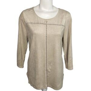 Style & Co Beige Faux Suede Studded 3/4 Sleeve Top Sz Small‎